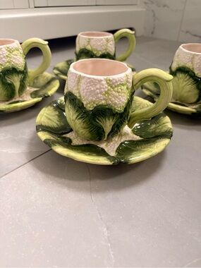 Vintage Cauliflower Cup & Saucer Set 4 Hand Painted Taiwan 1982 Majolica Style